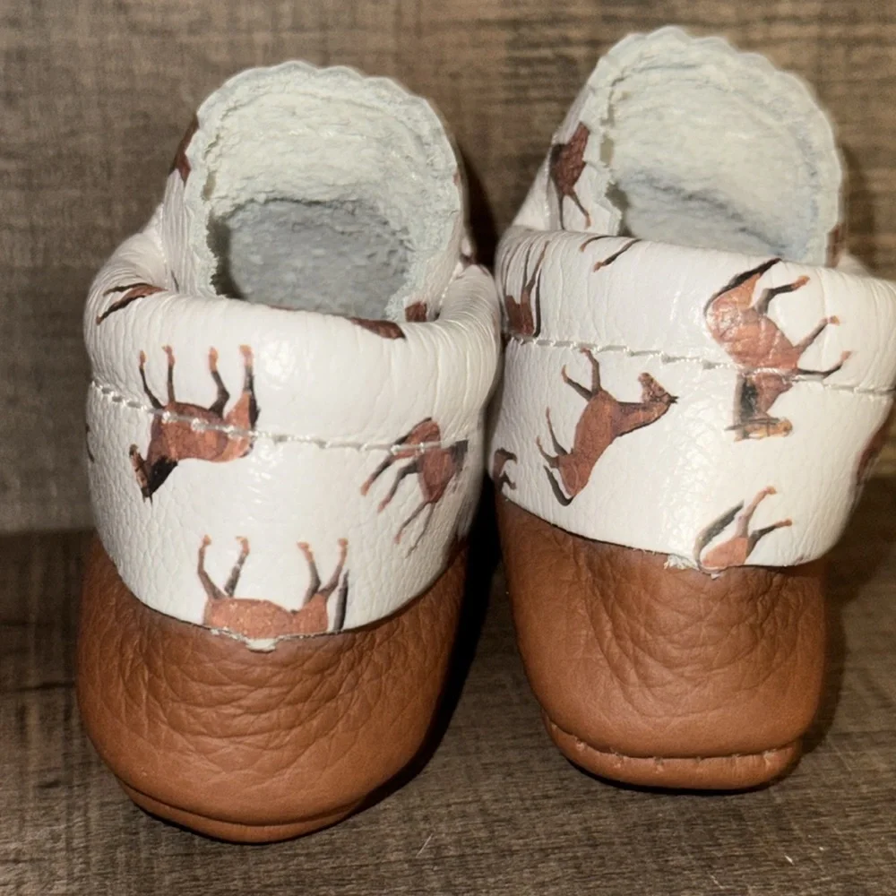 MISH MOCCS Kids Leather Moccasins with Horse Print- size NB